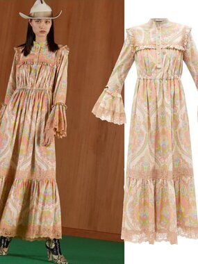 GUCCI DRESS FLORAL DAMASK COTTON MUSLIN MAXI GOWN LACE RUFFLE sz 46 US 10